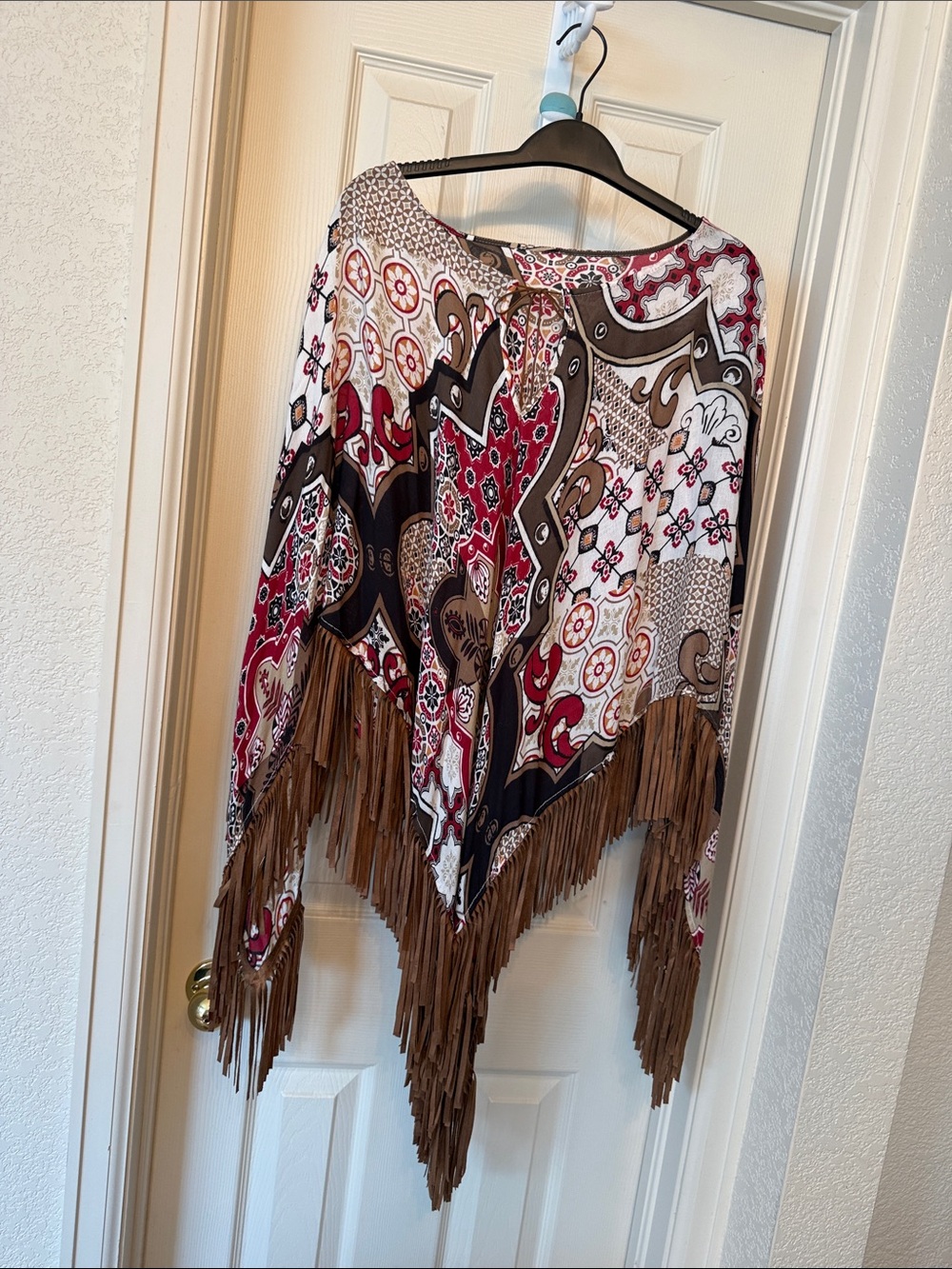 Chico's Boho Fringe Poncho in Red, Brown, Black & White